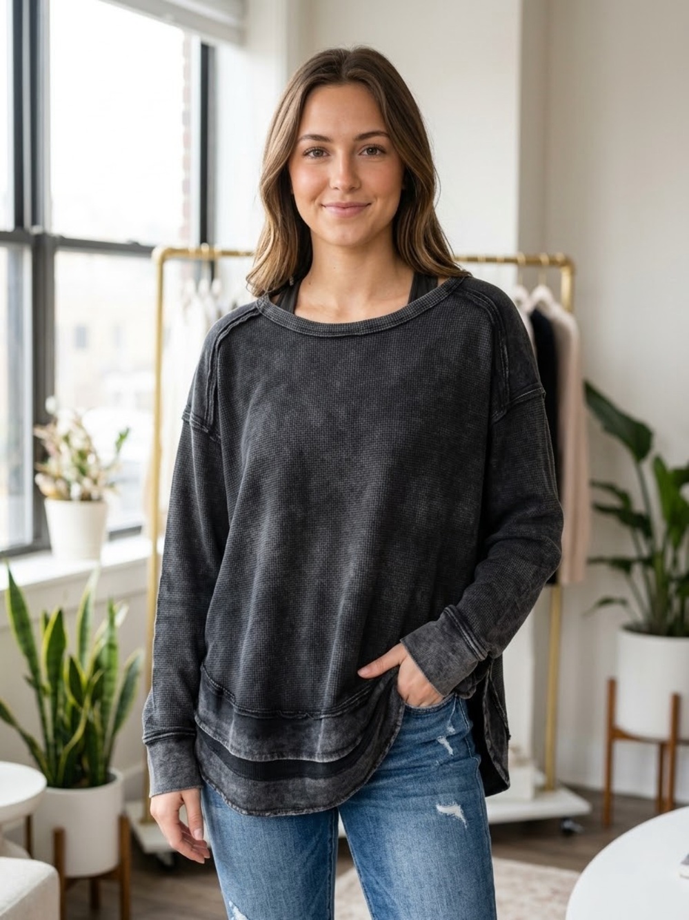 New in Washed Black Waffle Layered Hem Sweatshirt Medium elbow patch oversized